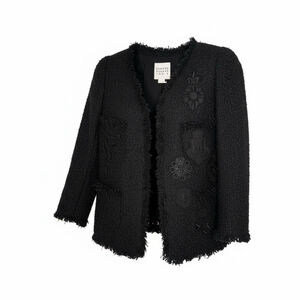 Edward Achour Paris Black Tweed Jacket Women’s Size 44 Embroidered Fringe Coat